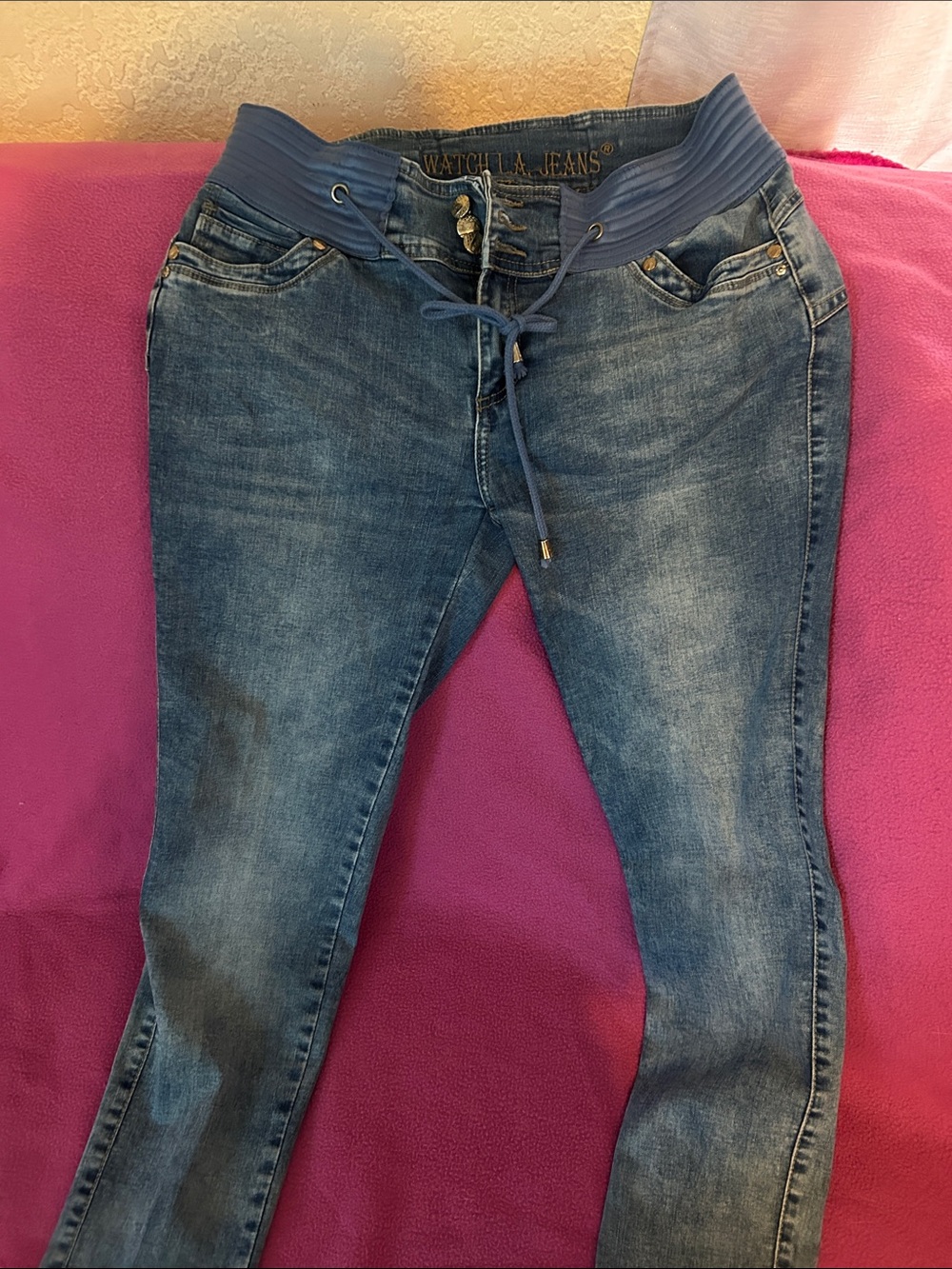 Stretch Dark Blue Jeggings with Ribbed Drawstring Waist